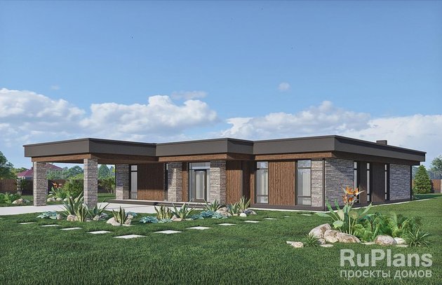 Одноэтажный дом с плоской кровлей, навесом для автомобилей и террасой Rg6468 - Вид1